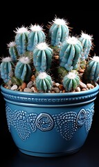 Poster - Cactus mammillaria in a blue pot 