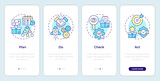 Fototapeta  - PDCA cycle onboarding mobile app screen. Plan do check act. Walkthrough 4 steps editable graphic instructions with linear concepts. UI, UX, GUI template. Montserrat SemiBold, Regular fonts used