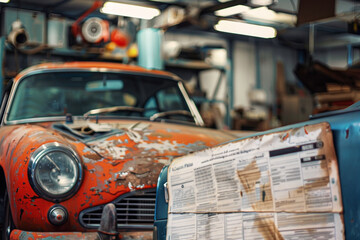 Wall Mural - A close-up view of a car undergoing repairs in a garage, with a clear, sharp insurance policy document prominently displayed in the foreground  