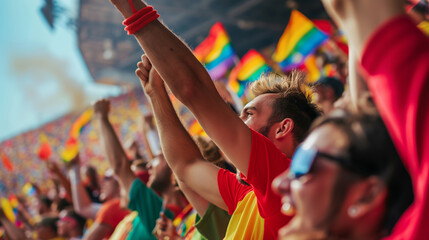 Happy fans with LGBT flags cheering at stadium. Group of excited young sport enthusiasts supporting their favorite athlete and sport team at championship or Olympic games. 