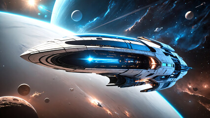 interstellar series - 8 - a majestic interstellar spaceship, aerodynamic design and glowing blue acc