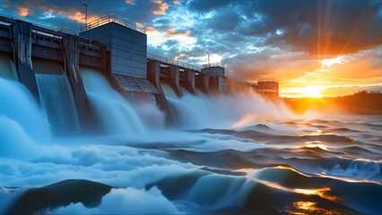 Wall Mural - Sunset backdrop at hydroelectric plant highlighting clean renewable water energy production. Concept Sunset Photoshoot, Hydroelectric Plant, Clean Energy, Renewable, Water Production