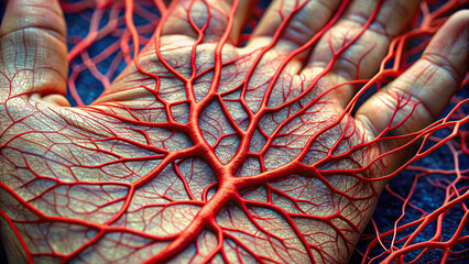 Wall Mural - Macro photograph capturing the intricate network of blood vessels within the human hand