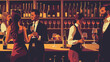 © M - An artistic illustration depicting a lively social scene at a sophisticated wine bar, featuring elegant guests engaged in conversation. Sophisticated Wine Bar Social Scene Illustration