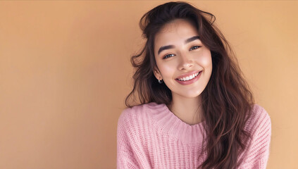 Wall Mural - A smiling woman wearing a pink sweater.