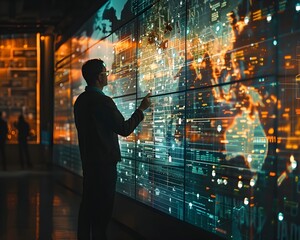 Poster - digital strategist utilizing interactive display for new communication plan in business networking a