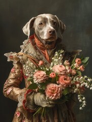 Wall Mural - Studio portrait of a dog with a bouquet of flowers on a dark background
