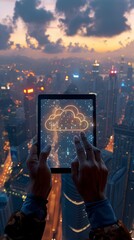 Poster - Professional Using Tablet to Access Cloud Based Applications with City Skyline Background