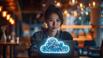 Poster - Focused Woman Remotely Working in Cozy Coffee Shop with Secure Cloud Computing