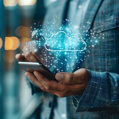 Poster - businessman checking cloud analytics on smartphone during travel