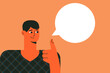 Man with a blank empty speech bubble. Expressing opinion, communication concept. Portrait of a young guy talking, saying. Side view of a male face. Trendy flat vector illustration