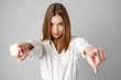 Young Woman in White Shirt Gesturing Come Here With Both Hands