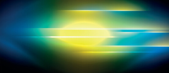 Leinwandbilder - A mesmerizing blend of yellow and electric blue light creates a stunning pattern in the dark sky, resembling a lens flare from an astronomical object against the horizon