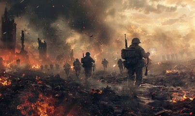 Apocalyptic vision of soldiers moving through a desolate, fiery landscape, possibly representing war and its aftermath