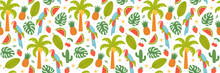 Summer Seamless Pattern With Parrot, Tropical Plants And Berries. Flat Vector Background