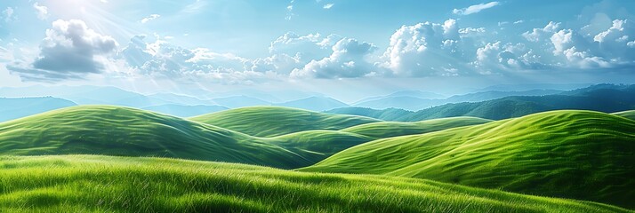 Wall Mural - Landscape view with blue sky and green grass on slope background realistic nature and landscape