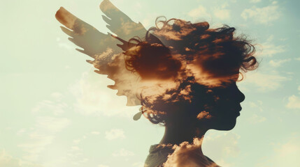 Silhouette of a child with clouds with wings on the background, double exposure. Abstract background. Small child in the clouds.