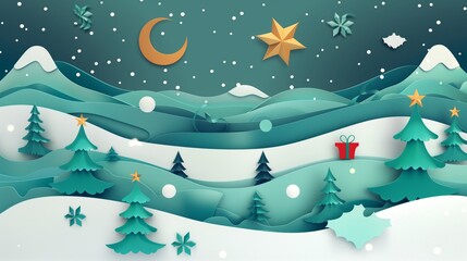 Wall Mural - Whimsical paper cut style illustration of a snowy winter landscape with Christmas trees and a moon.
