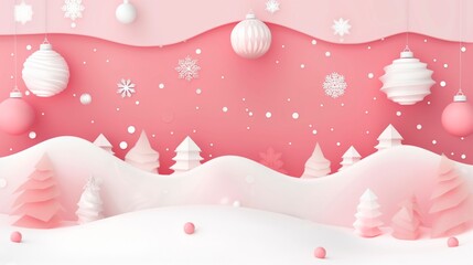 Wall Mural - A festive winter landscape with stylized pink and white Christmas ornaments and snow-covered trees against a rosy backdrop.