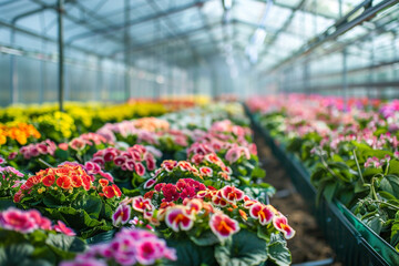 Wall Mural - A modern greenhouse horticulture concept showcasing the efficient cultivation of vibrant flowers, representing a thriving floral agriculture business  