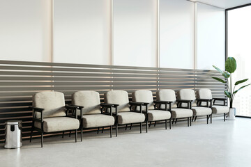 Poster - Contemporary waiting area with comfortable seating and panoramic city views, minimalistic interior design. 3D Render