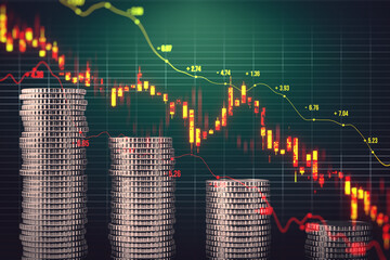Poster - Stacked golden coins with falling diagram on green backdrop. Stock market crisis or forex trading graph and candlestick chart suitable for financial investment concept. 3D Rendering.