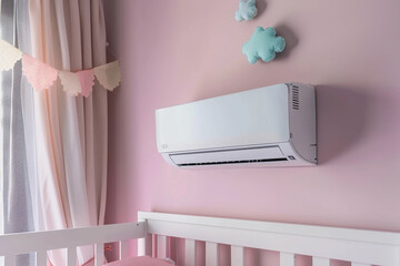 Wall Mural - A modern, energy-efficient air conditioner mounted on a pastel-colored wall in a cozy baby bedroom, ensuring optimal climate control for a comfortable and safe kids room environment  
