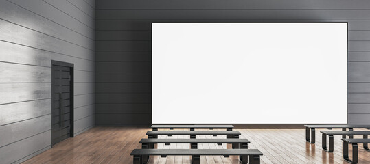 Poster - Simple gray wooden gallery interior with benches in front of empty white mock up screen. 3D Rendering.