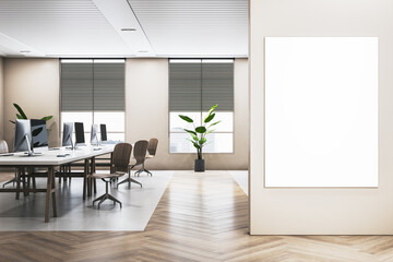 Aufkleber - Contemporary wooden and concrete coworking office interior with empty mock up place on wall, panoramic window and city view, furniture and decorative plants, blinds. 3D Rendering.