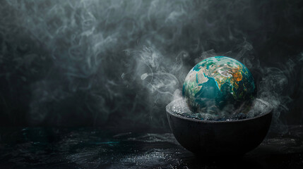 Poster - A dramatic visual of the Earth engulfed in flames and intense heat, set against a minimal background with ample copy space. This surreal representation emphasizes the urgent and catastrophic nature