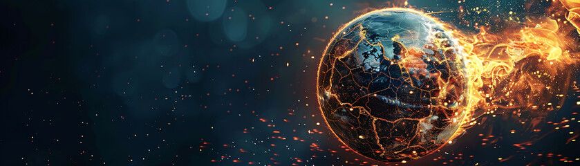 Poster - A futuristic and unreal representation of a globe cracking under extreme heat, symbolizing global boiling. The image is set against a simple background with significant copy space, emphasizing the