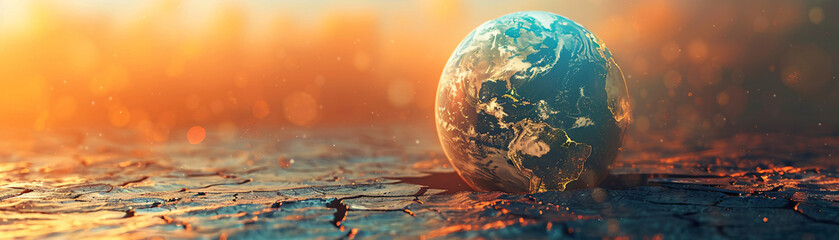 Poster - A futuristic and unreal representation of a globe cracking under extreme heat, symbolizing global boiling. The image is set against a simple background with significant copy space, emphasizing the
