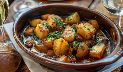 Wall Mural - Savory roasted herb potatoes with a glass of white wine