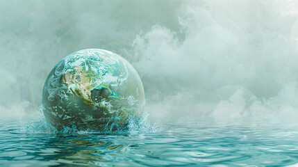 Poster - A surreal landscape depicting the Earth with exaggerated, intense heat waves radiating from its surface, symbolizing the concept of global boiling. The background is kept minimal with ample copy