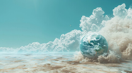Poster - A surreal landscape depicting the Earth with exaggerated, intense heat waves radiating from its surface, symbolizing the concept of global boiling. The background is kept minimal with ample copy
