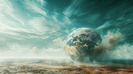 Poster - A surreal landscape depicting the Earth with exaggerated, intense heat waves radiating from its surface, symbolizing the concept of global boiling. The background is kept minimal with ample copy