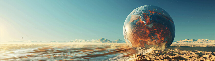 Poster - A surreal landscape depicting the Earth with exaggerated, intense heat waves radiating from its surface, symbolizing the concept of global boiling. The background is kept minimal with ample copy