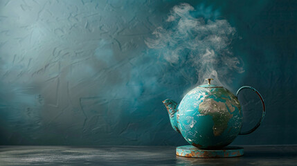 Poster - Against a stark, minimal background, a surreal representation of the Earth boiling in a giant kettle captures attention. The composition offers generous copy space, suitable for powerful climate