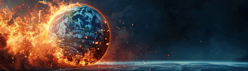 Poster - An unreal image of the Earth with boiling oceans and fiery landscapes, depicted in a minimalistic style with extensive copy space. The visual metaphor of global boiling is strikingly clear,