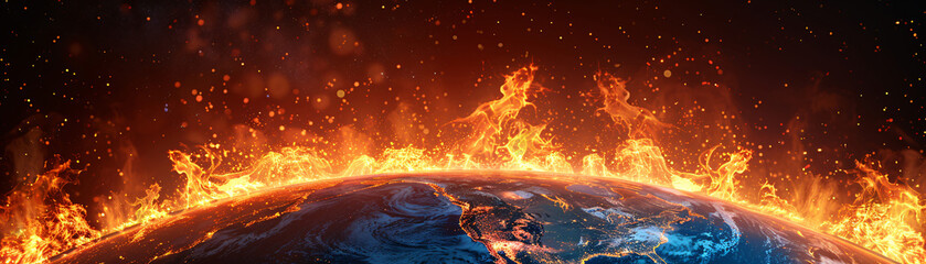 Poster - An unreal image of the Earth with boiling oceans and fiery landscapes, depicted in a minimalistic style with extensive copy space. The visual metaphor of global boiling is strikingly clear,