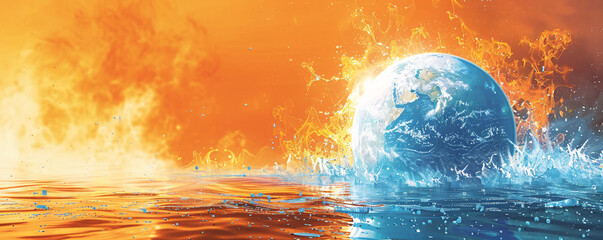 Poster - An unreal image of the Earth with boiling oceans and fiery landscapes, depicted in a minimalistic style with extensive copy space. The visual metaphor of global boiling is strikingly clear,