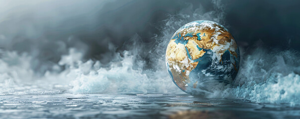 Poster - An unreal image of the Earth with boiling oceans and fiery landscapes, depicted in a minimalistic style with extensive copy space. The visual metaphor of global boiling is strikingly clear,