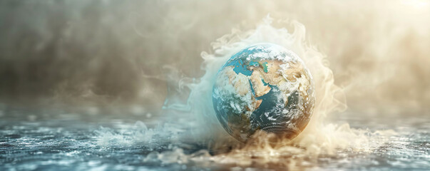 Poster - An unreal image of the Earth with boiling oceans and fiery landscapes, depicted in a minimalistic style with extensive copy space. The visual metaphor of global boiling is strikingly clear,