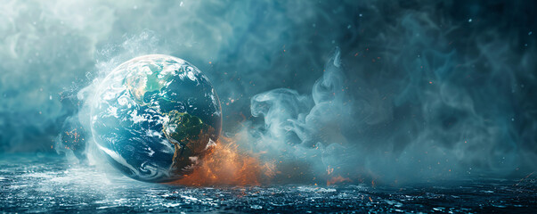 Poster - An unreal image of the Earth with boiling oceans and fiery landscapes, depicted in a minimalistic style with extensive copy space. The visual metaphor of global boiling is strikingly clear,