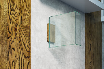 Poster - Empty square glass banner or stopper on concrete and wooden wall. Advertising concept. 3D Rendering.