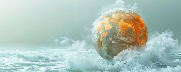 Poster - An unreal image of the Earth with boiling oceans and fiery landscapes, depicted in a minimalistic style with extensive copy space. The visual metaphor of global boiling is strikingly clear,