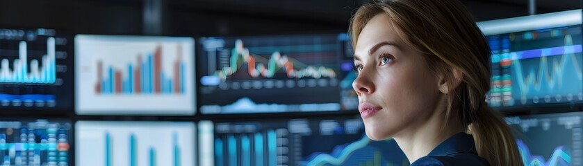 Poster - Focused Businesswoman Analyzing Complex Financial Data on Multiple Monitors