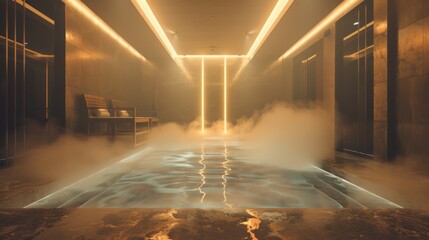 A steam room in a high-end spa with foggy ambiance and warm lighting to promote detoxification.