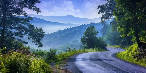 Wall Mural - Country road winds through lush forest leading to rolling hills and mountains. Concept Nature, Landscapes, Wilderness, Adventure, Tranquility