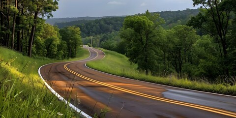 Wall Mural - Exploring the picturesque countryside: A winding road through lush forests and rolling hills. Concept Nature Photography, Countryside Scenery, Road Trip Adventures, Serene Landscapes
